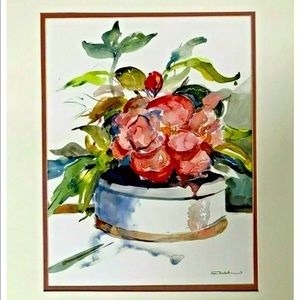 FLORAL STILL LIFE ORIGINAL WATERCOLOR PAINTING by Joan Walsh 22”hX28.5”w Matted